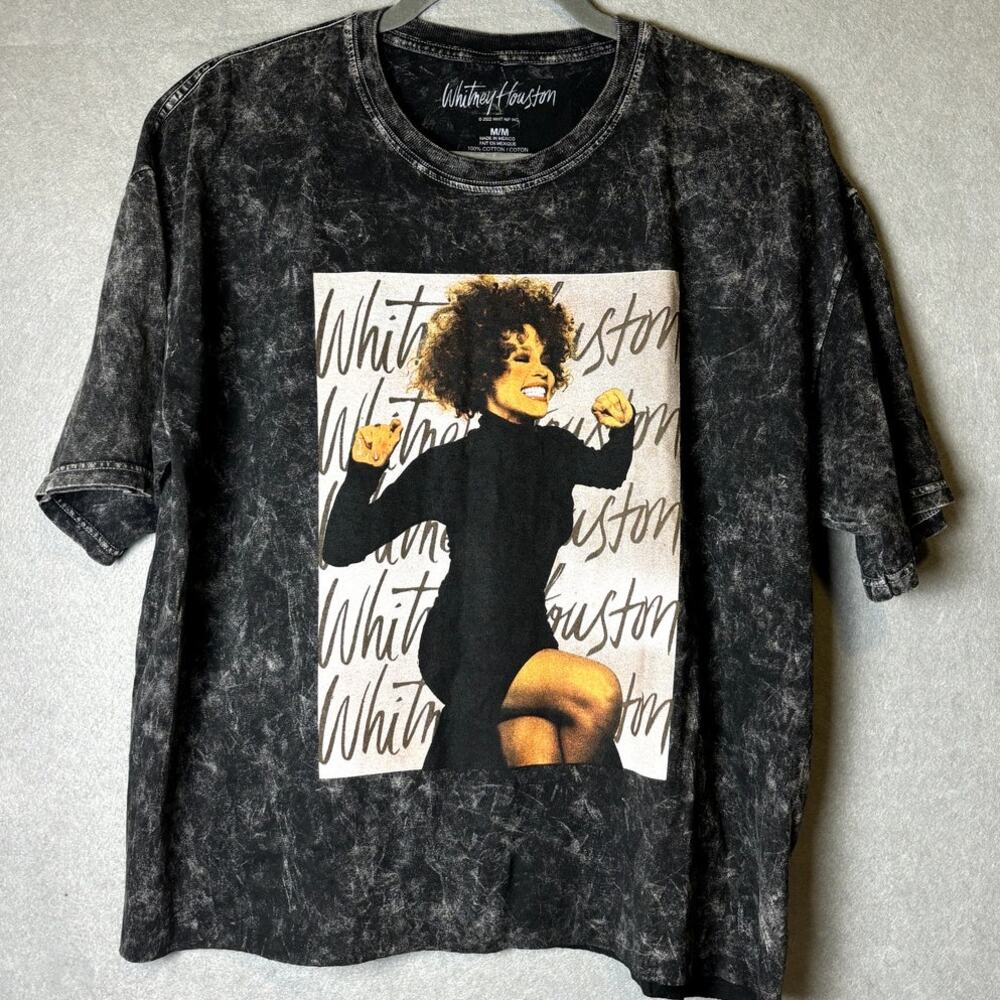 Whitney Houston Womens Med Music Concert Acid Wash Black T-Shirt NWOT